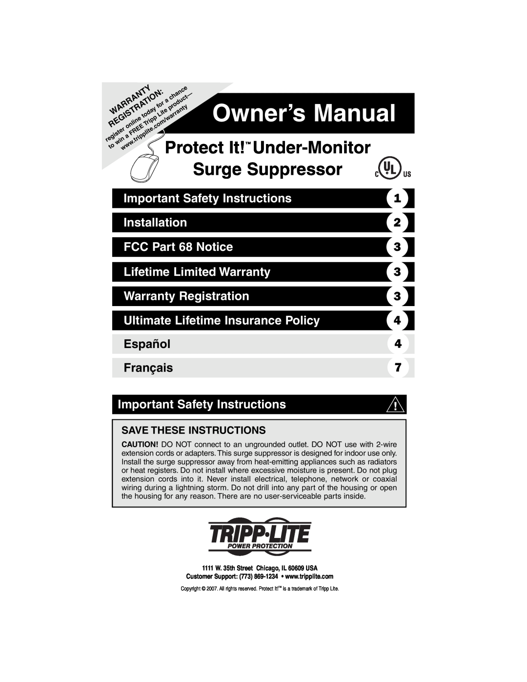 Tripp Lite Protect It! owner manual Important Safety Instructions, Installation, FCC Part 68 Notice, Warranty Registration 