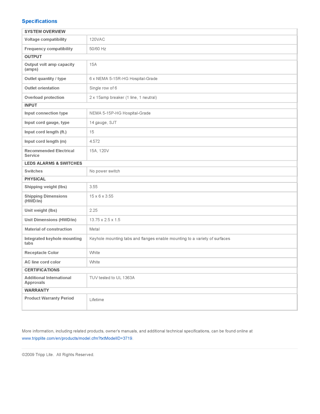 Tripp Lite PS-615-HG-OEM warranty Specifications 