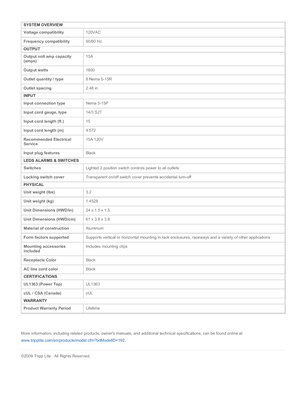 Tripp Lite PS2408 specifications System Overview, Output, Input, Leds Alarms & Switches, Physical, Certifications, Warranty 