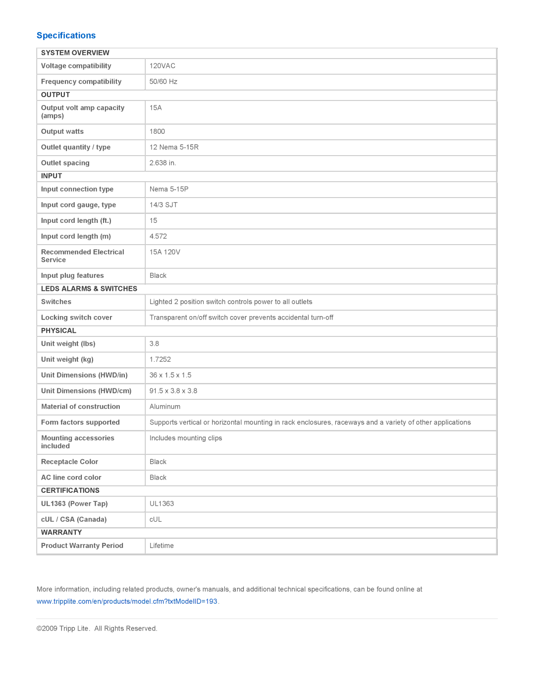 Tripp Lite PS3612 instruction manual Specifications 