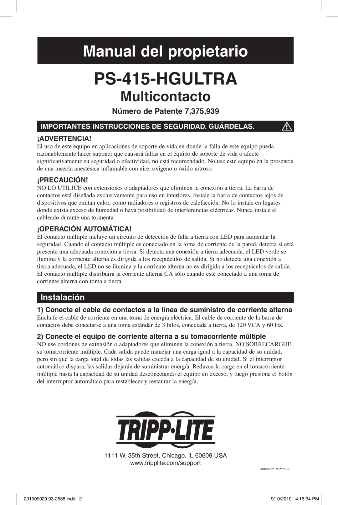 Tripp Lite PS415HGULTRA Instalación, Número de Patente 7,375,939, Importantes Instrucciones DE SEGURIDAD. Guárdelas 