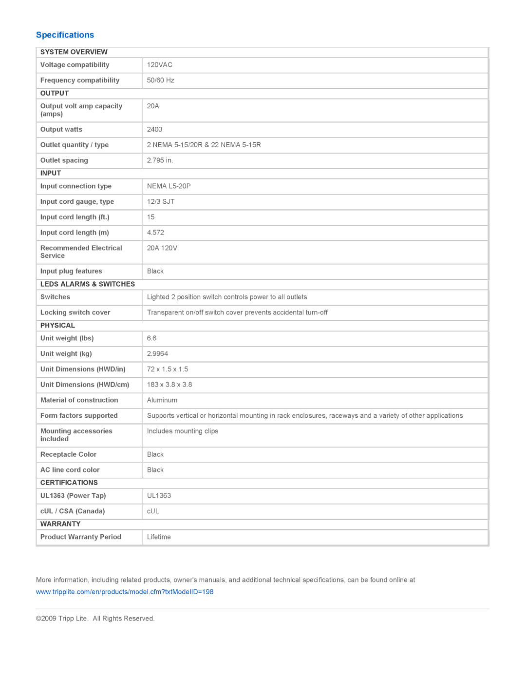 Tripp Lite PS7224-20T instruction manual Specifications 