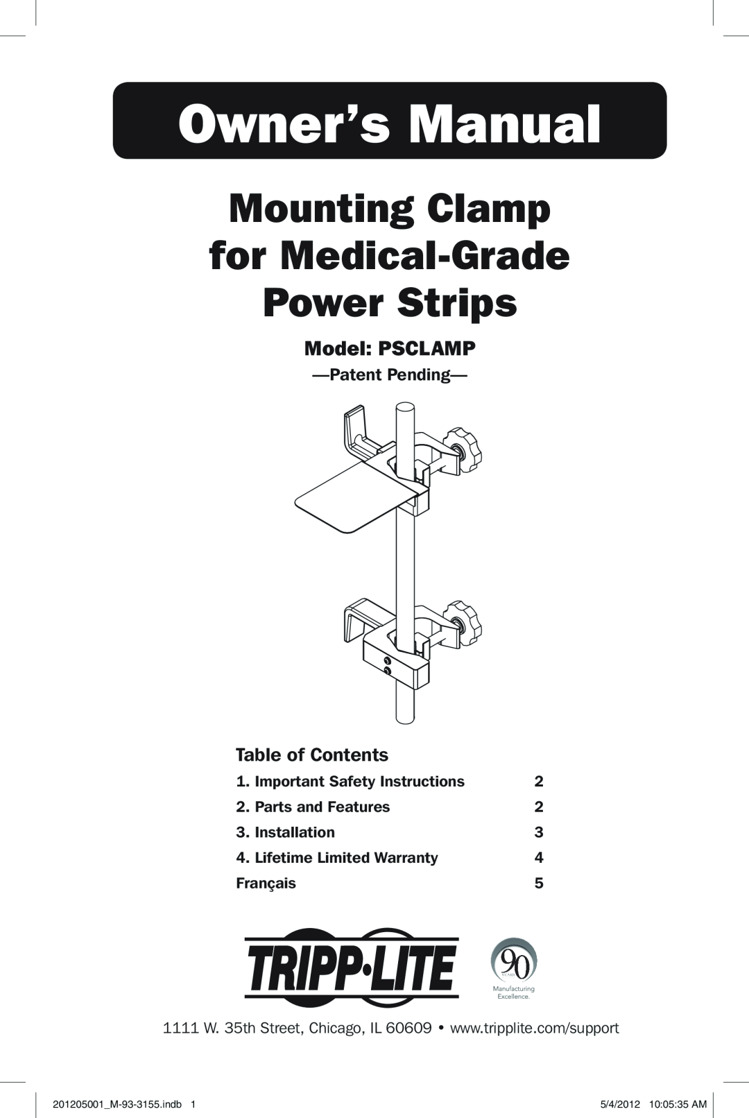 Tripp Lite owner manual Mounting Clamp for Medical-Grade Power Strips, Model PSCLAMP, Table of Contents, Patent Pending 