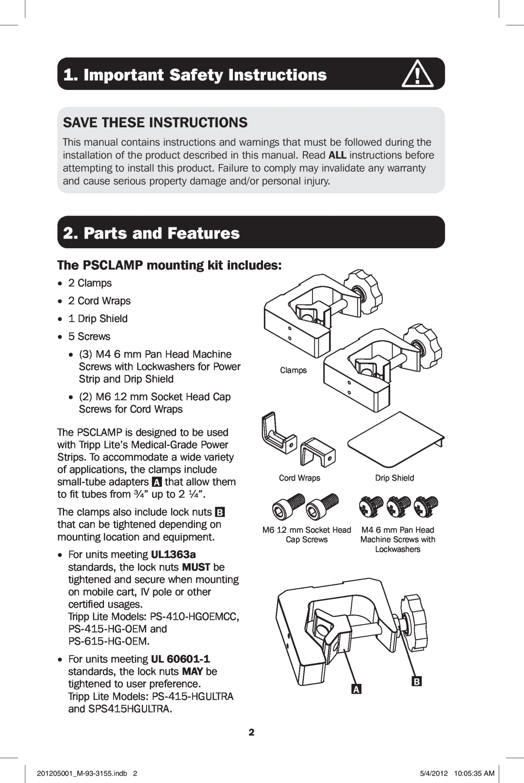 Tripp Lite PSCLAMP owner manual Important Safety Instructions, Parts and Features, Save These Instructions 