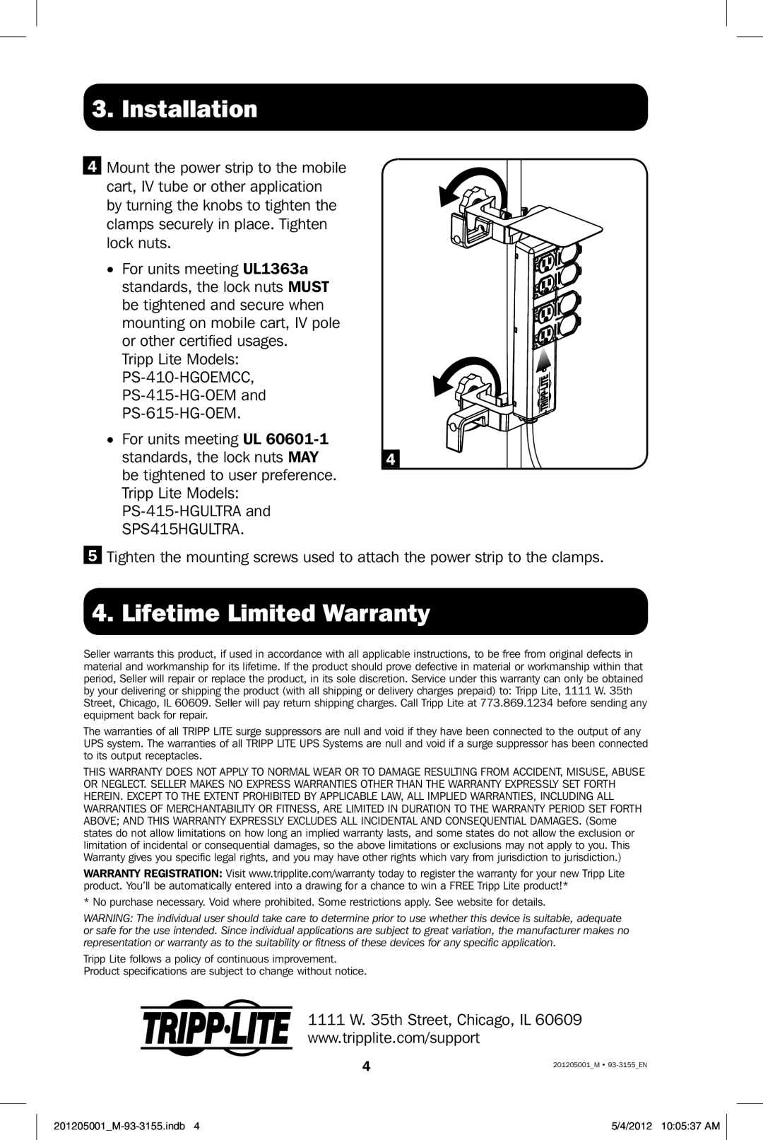 Tripp Lite PSCLAMP owner manual Lifetime Limited Warranty, Installation, PS-415-HG-OEM and PS-615-HG-OEM 