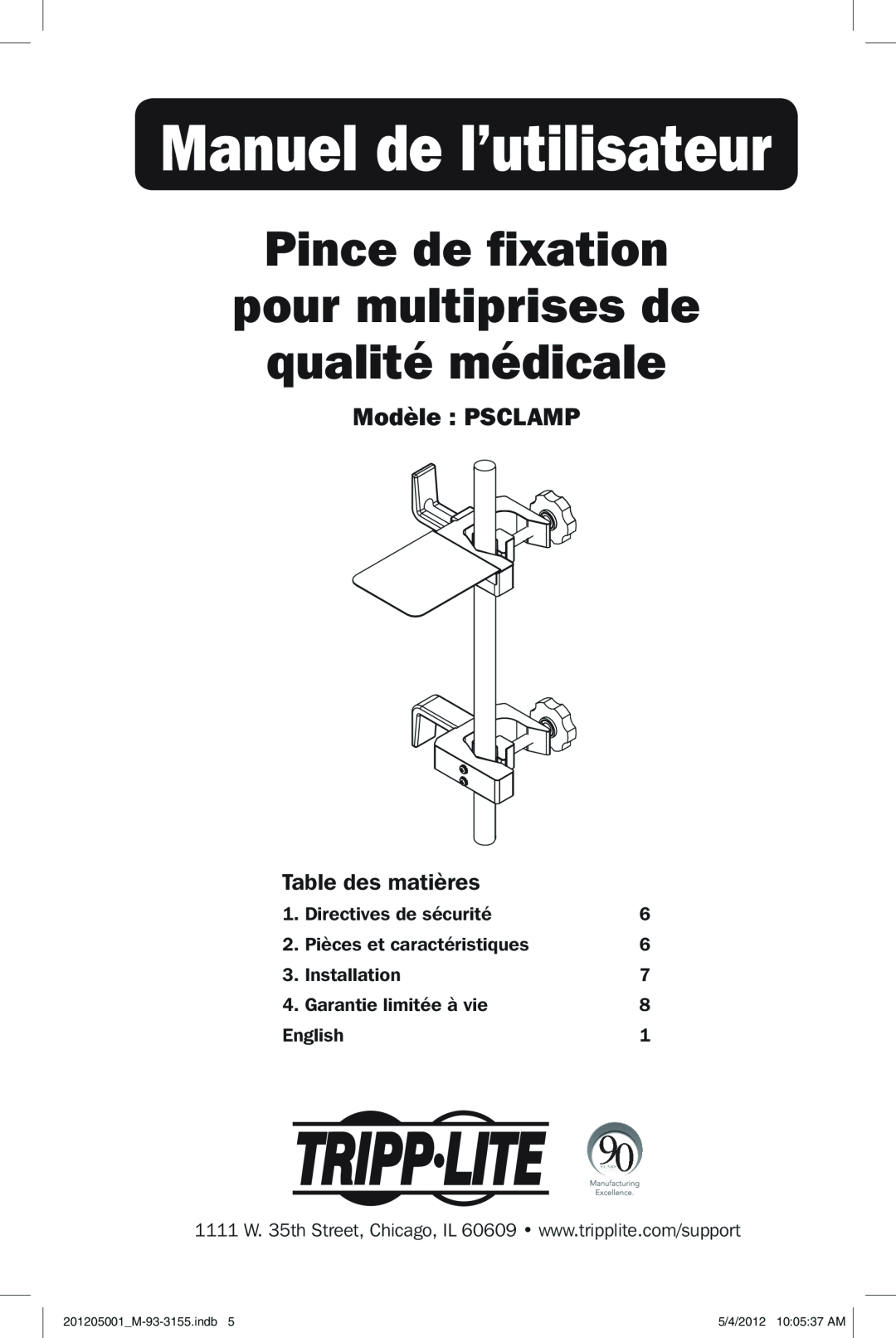 Tripp Lite owner manual Manuel de l’utilisateur, Pince de fixation pour multiprises de qualité médicale, Modèle PSCLAMP 