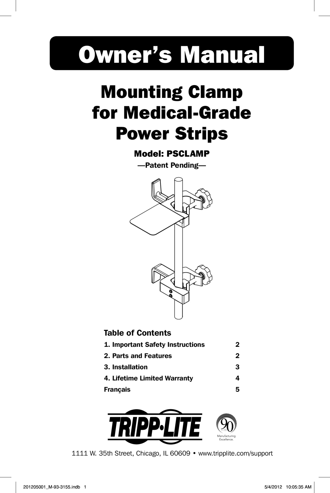 Tripp Lite PSCLAMP owner manual Mounting Clamp For Medical-Grade Power Strips, Model Psclamp, Table of Contents 