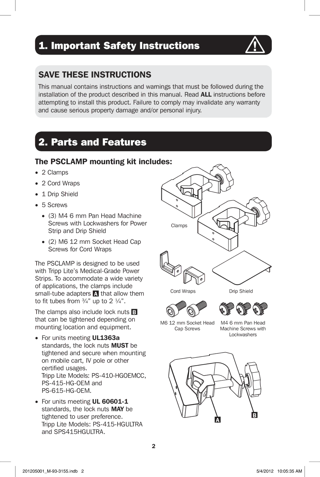 Tripp Lite PSCLAMP owner manual Important Safety Instructions, Parts and Features, Psclamp mounting kit includes 