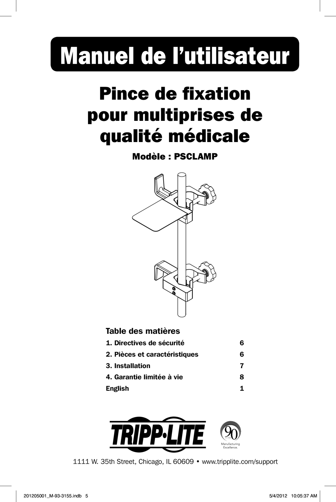 Tripp Lite PSCLAMP owner manual Pince de fixation Pour multiprises de Qualité médicale, Modèle Psclamp, Table des matières 