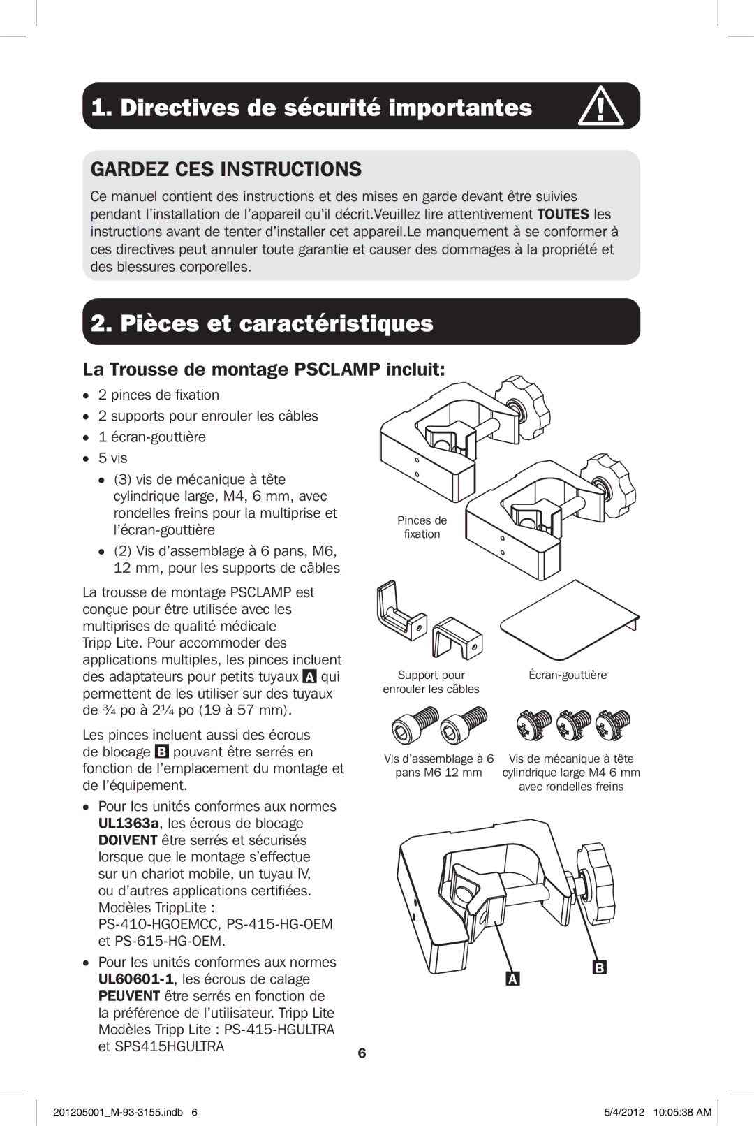 Tripp Lite PSCLAMP Directives de sécurité importantes, Pièces et caractéristiques, La Trousse de montage Psclamp incluit 