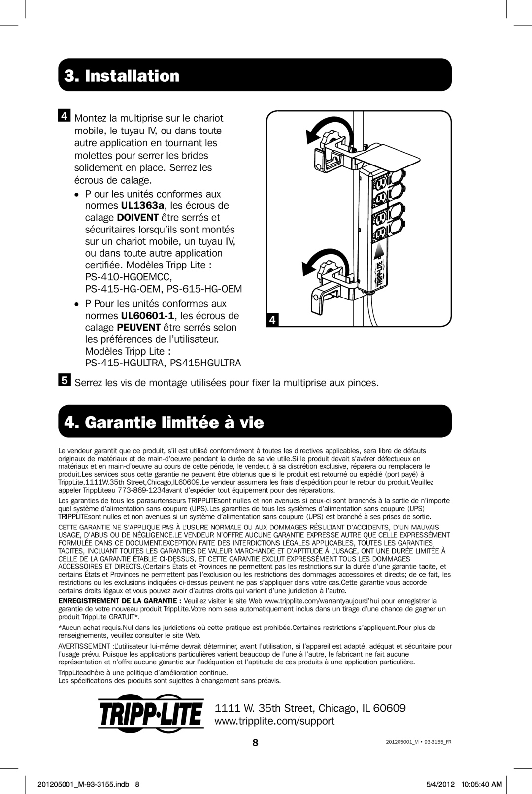 Tripp Lite PSCLAMP owner manual Garantie limitée à vie, PS-410-HGOEMCC 