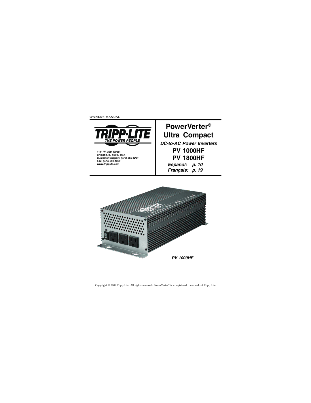 Tripp Lite PV 1800HF, PV 1000HF owner manual PowerVerter Ultra Compact 