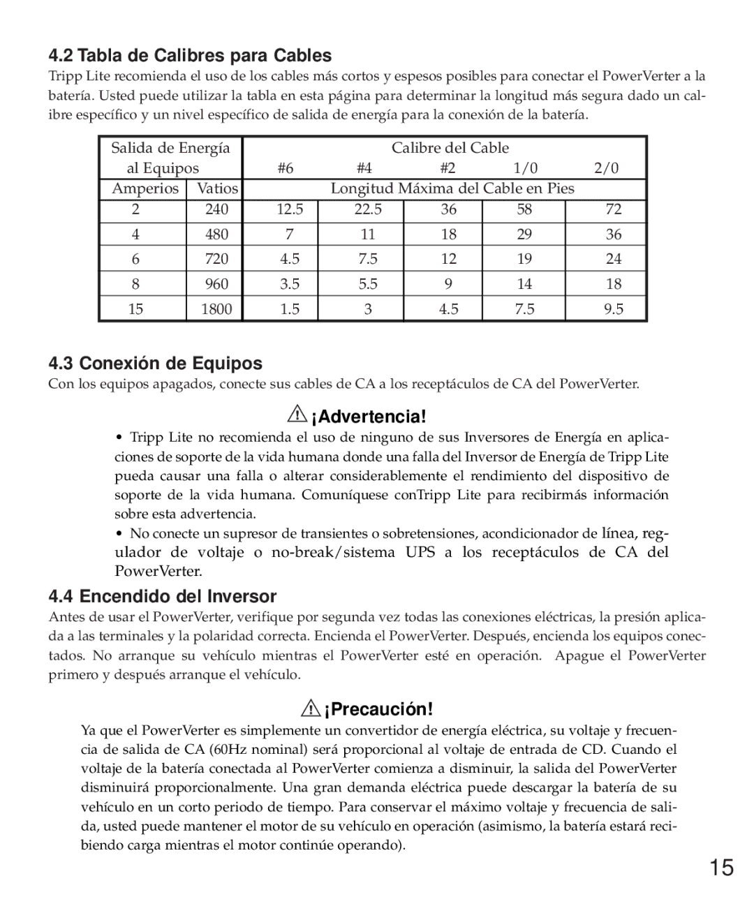 Tripp Lite PV 1800HF, PV 1000HF owner manual Tabla de Calibres para Cables, Conexión de Equipos, Encendido del Inversor 