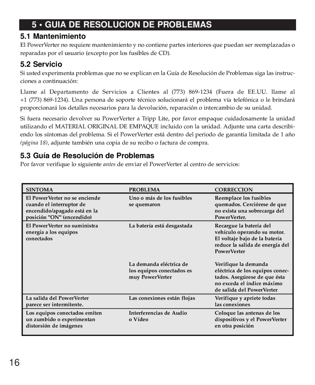 Tripp Lite PV 1000HF, PV 1800HF Guia DE Resolucion DE Problemas, Mantenimiento, Servicio, Guía de Resolución de Problemas 