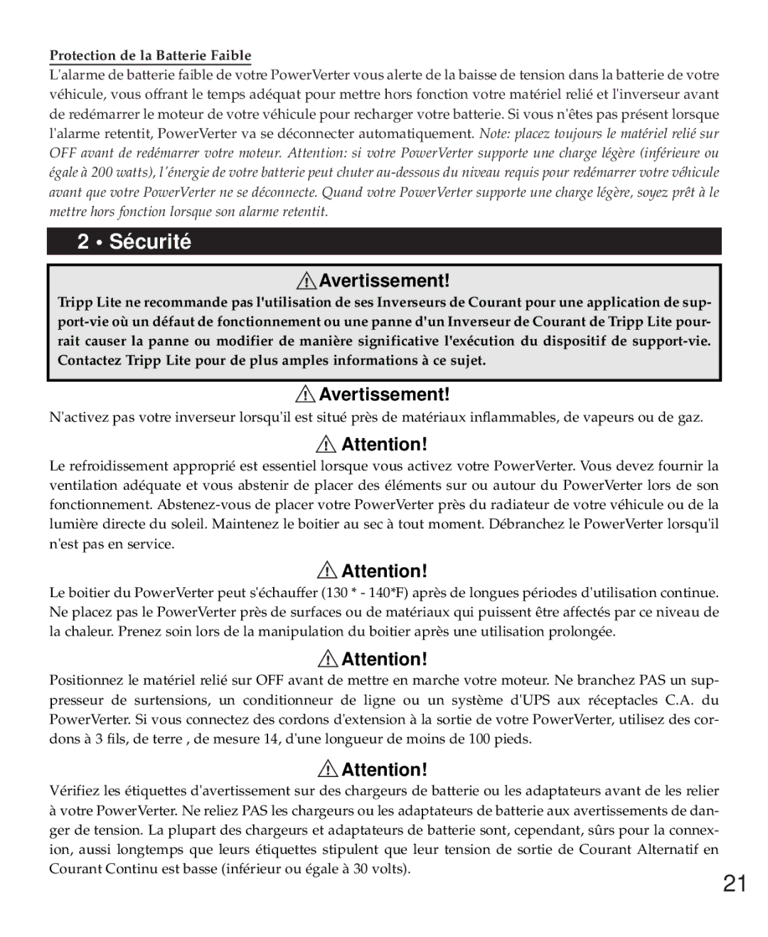 Tripp Lite PV 1800HF, PV 1000HF owner manual Avertissement, Protection de la Batterie Faible 