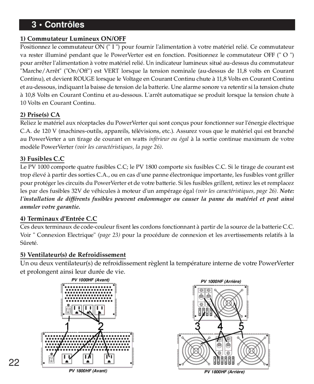 Tripp Lite PV 1000HF, PV 1800HF owner manual Commutateur Lumineux ON/OFF, Prises CA, Fusibles C.C, Terminaux dEntrée C.C 