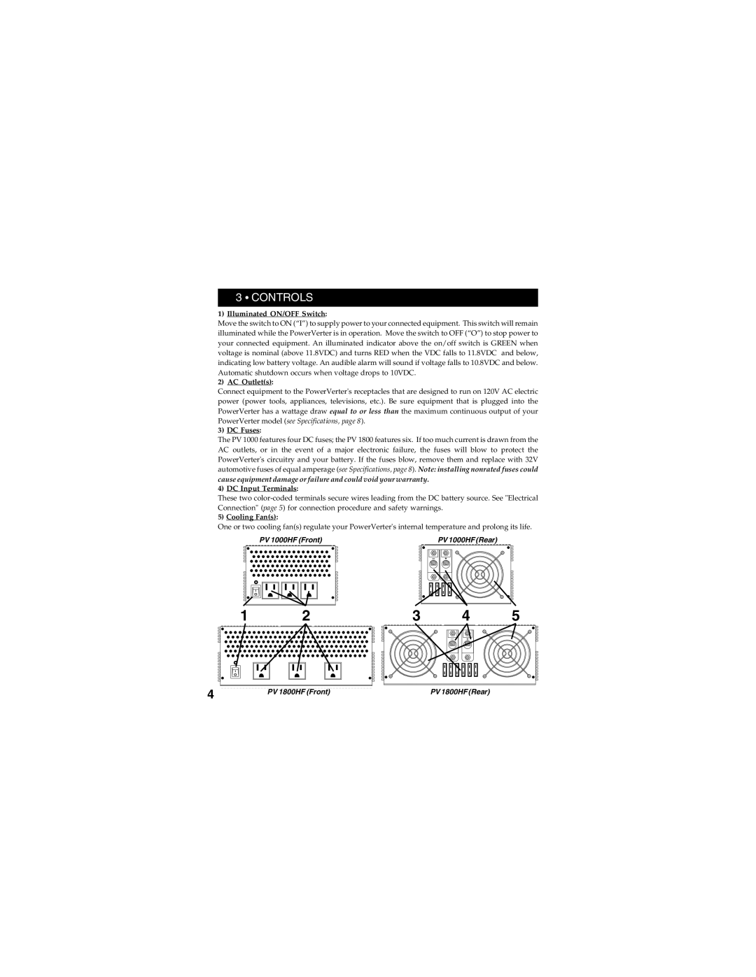 Tripp Lite PV 1000HF, PV 1800HF owner manual Controls 