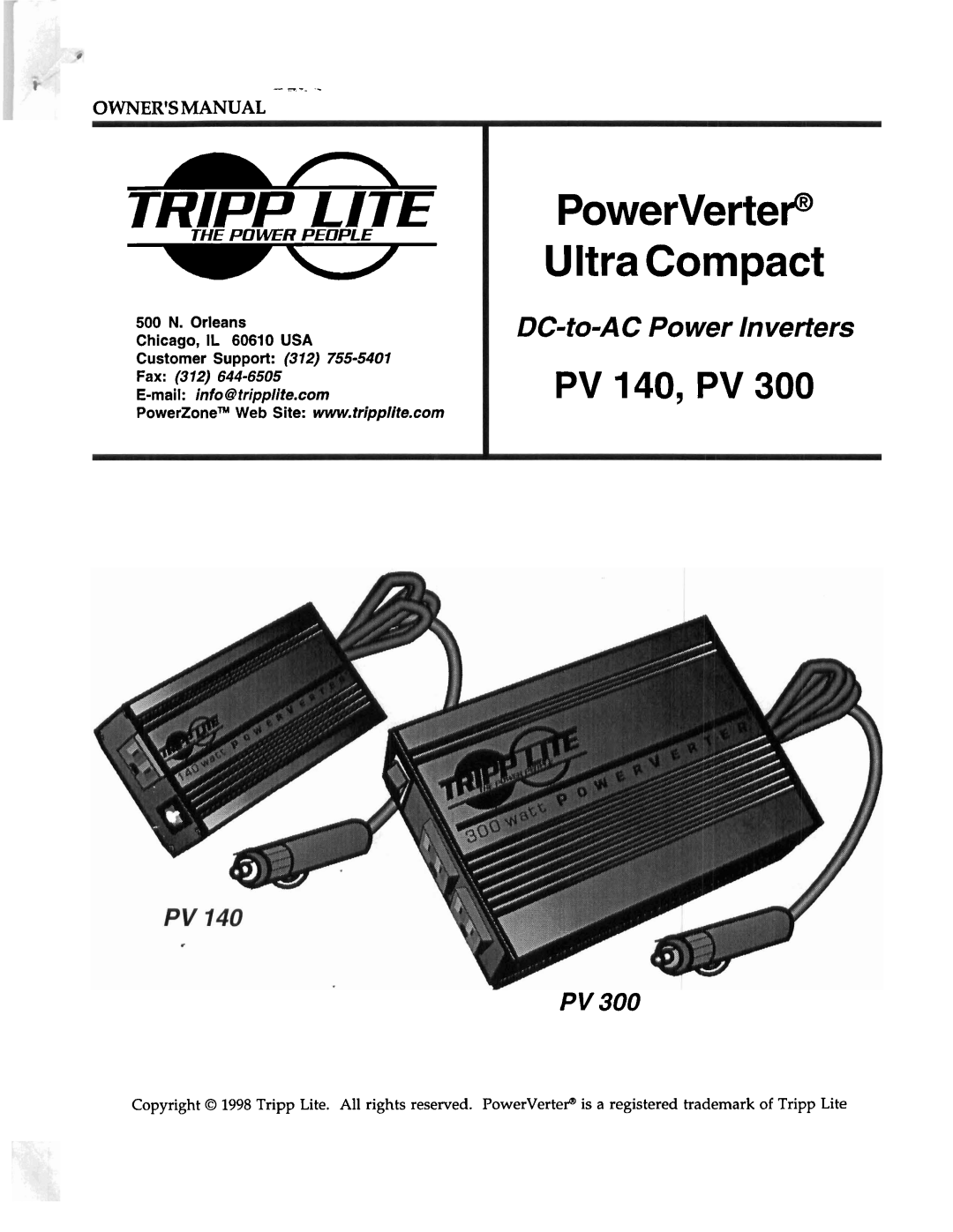 Tripp Lite PV 300 owner manual Ownersmanual, Tripp Lite, PowerVerteP UltraCompact, PV 140, PV, DC-to-AC Power Inverters 