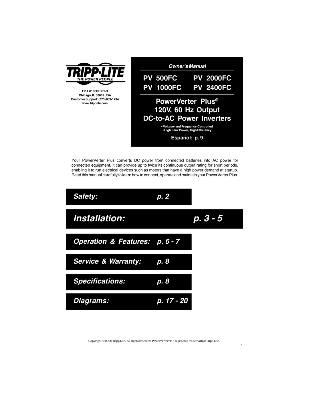 Tripp Lite PV 2400FC, PV 500FC, PV 1000FC, PV 2000FC owner manual Installation, Español p 