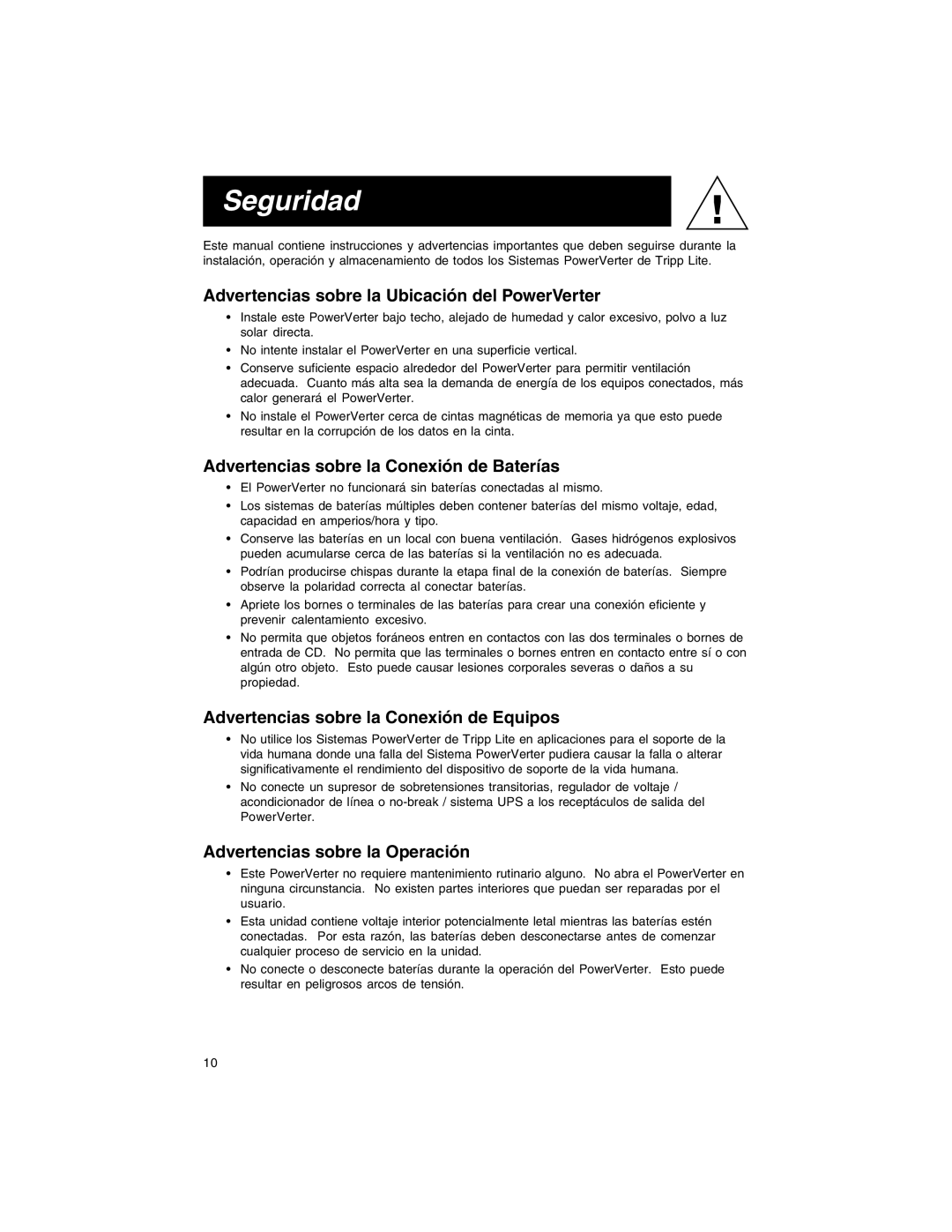 Tripp Lite PV 1000FC Seguridad, Advertencias sobre la Ubicación del PowerVerter, Advertencias sobre la Conexión de Equipos 