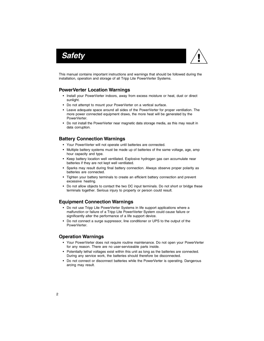 Tripp Lite PV 1000FC Safety, PowerVerter Location Warnings, Battery Connection Warnings, Equipment Connection Warnings 