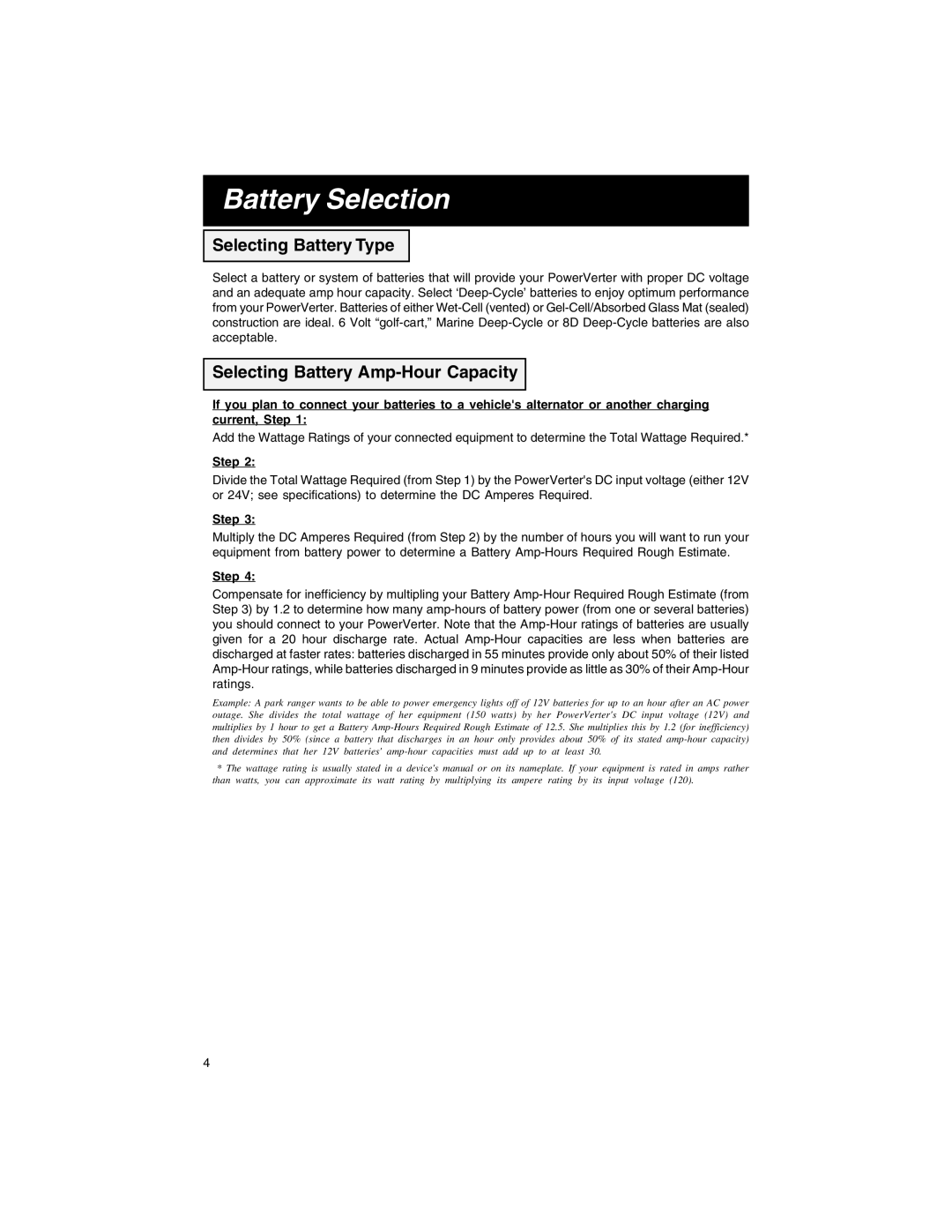 Tripp Lite PV 500FC, PV 2400FC Battery Selection, Selecting Battery Type, Selecting Battery Amp-Hour Capacity, Step 