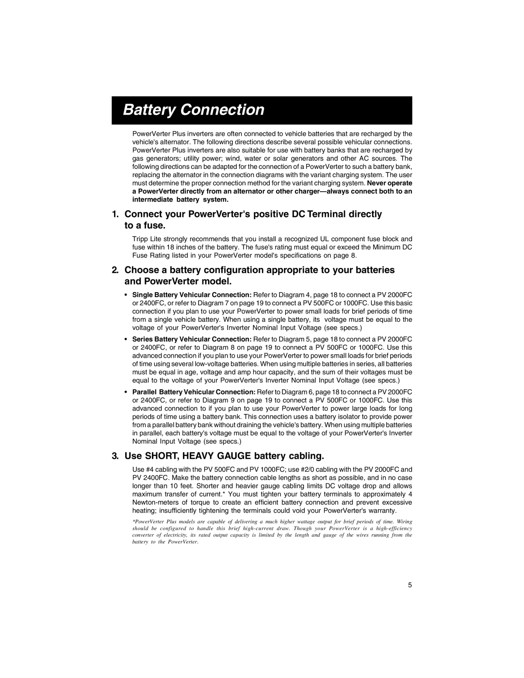 Tripp Lite PV 2400FC, PV 500FC, PV 1000FC, PV 2000FC owner manual Battery Connection, Use SHORT, Heavy Gauge battery cabling 