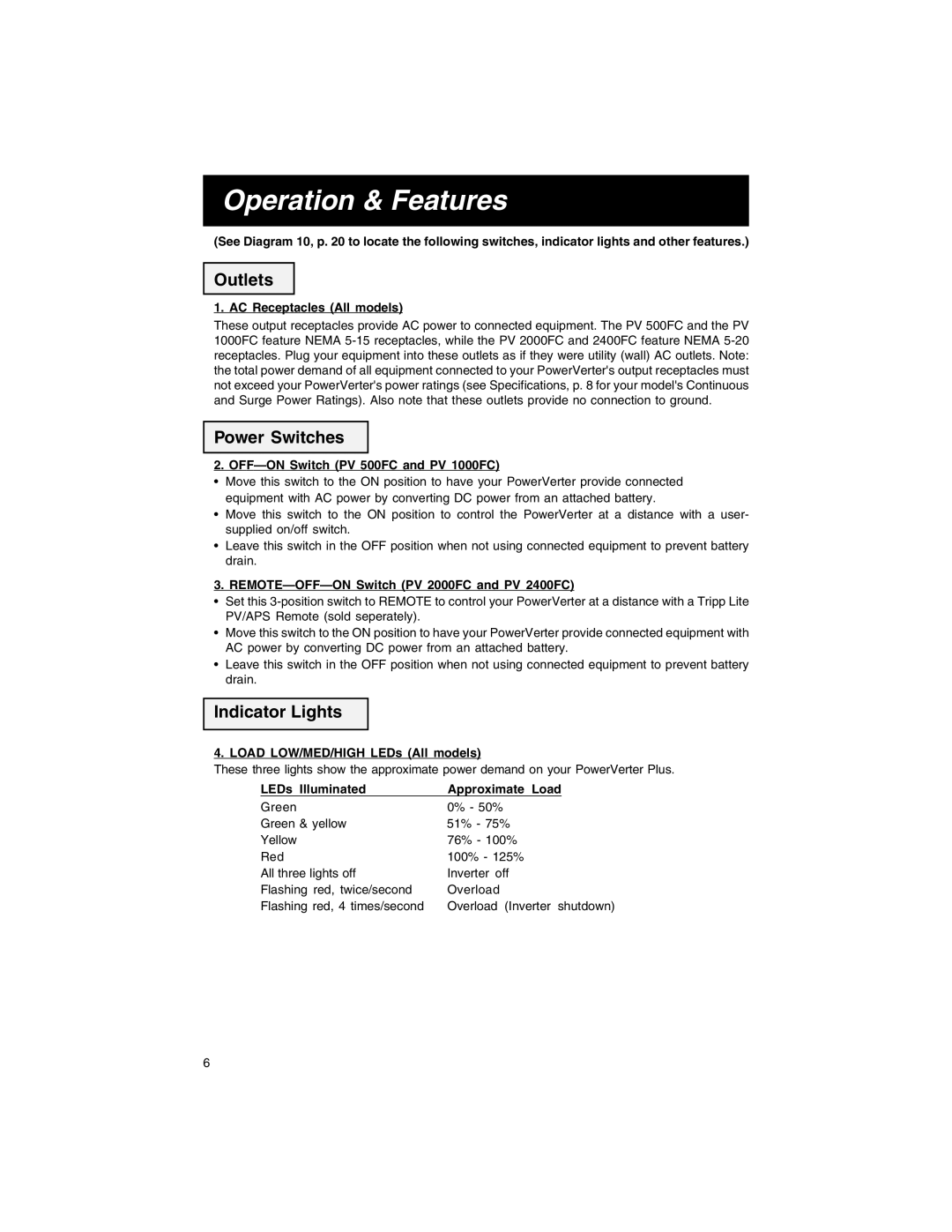 Tripp Lite PV 1000FC, PV 500FC, PV 2400FC, PV 2000FC Operation & Features, Outlets, Power Switches, Indicator Lights 