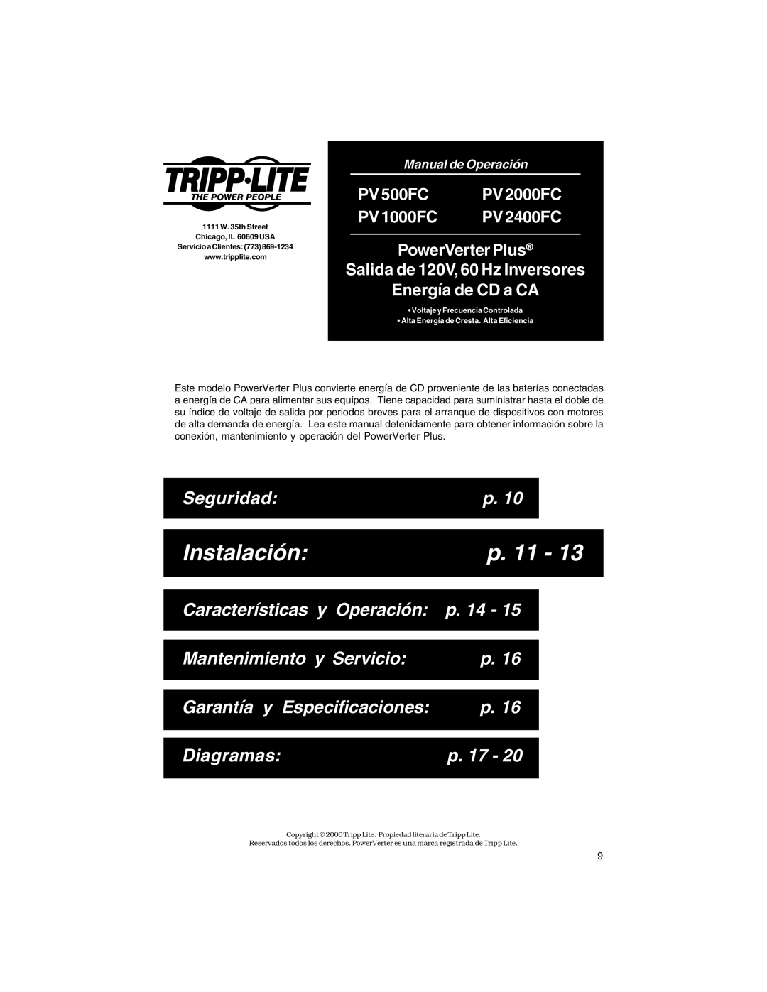 Tripp Lite PV 2400FC, PV 500FC, PV 1000FC, PV 2000FC owner manual Instalación 