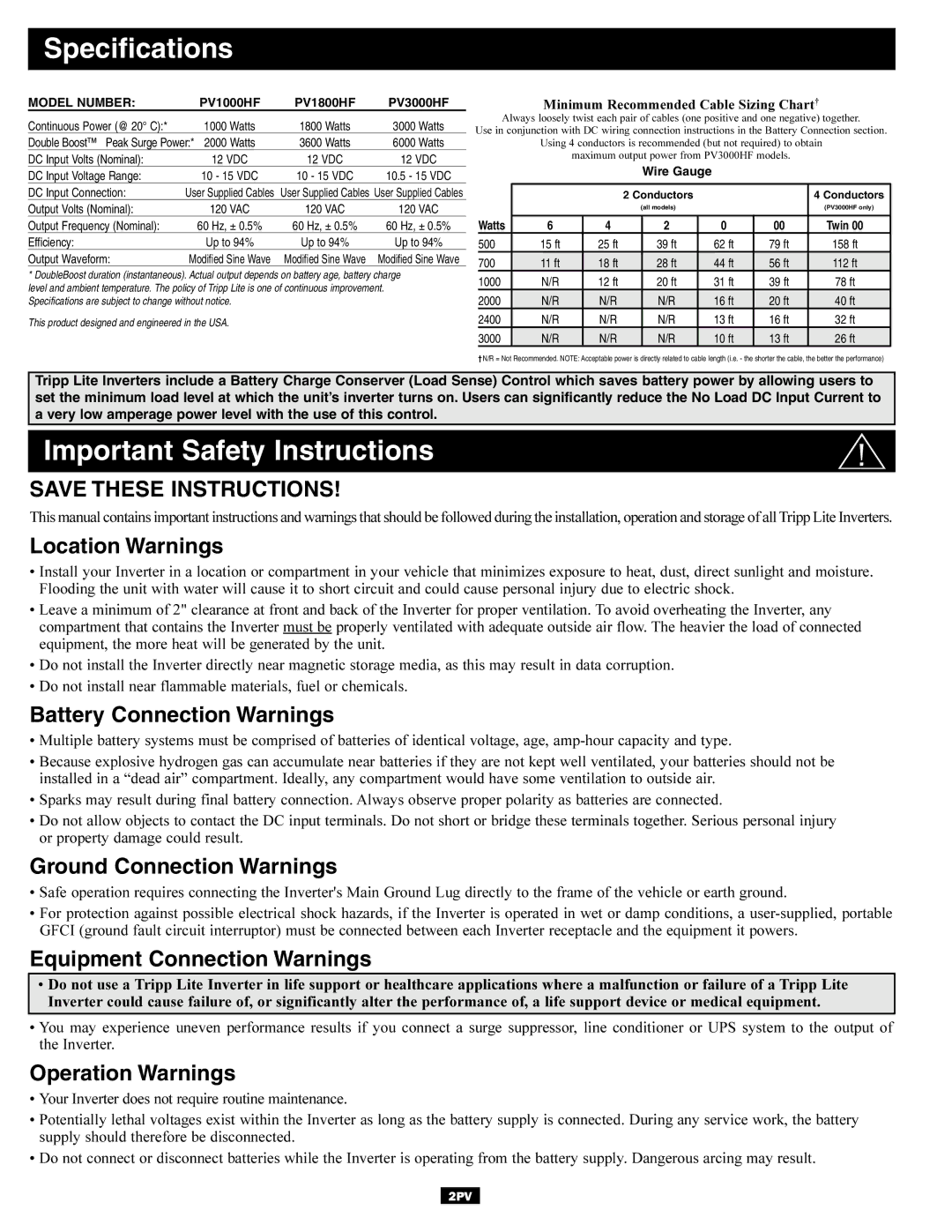 Tripp Lite PV1000HF, PV1800HF, PV3000HF owner manual Specifications, Important Safety Instructions 