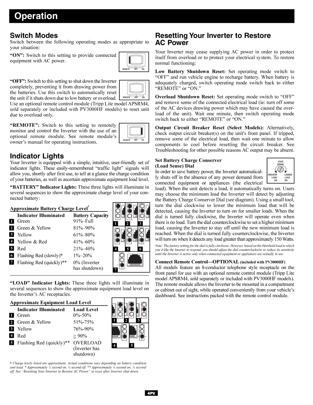 Tripp Lite PV1000HF, PV1800HF, PV3000HF owner manual Switch Modes Resetting Your Inverter to Restore, AC Power 