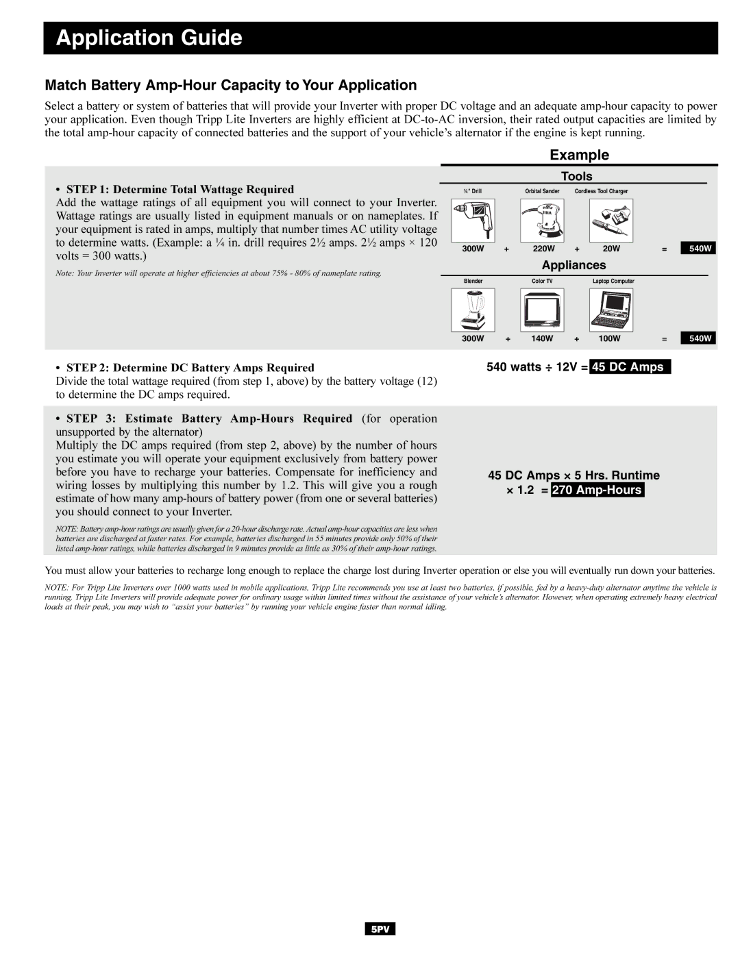 Tripp Lite PV1000HF, PV1800HF, PV3000HF Application Guide, Match Battery Amp-Hour Capacity to Your Application, Example 