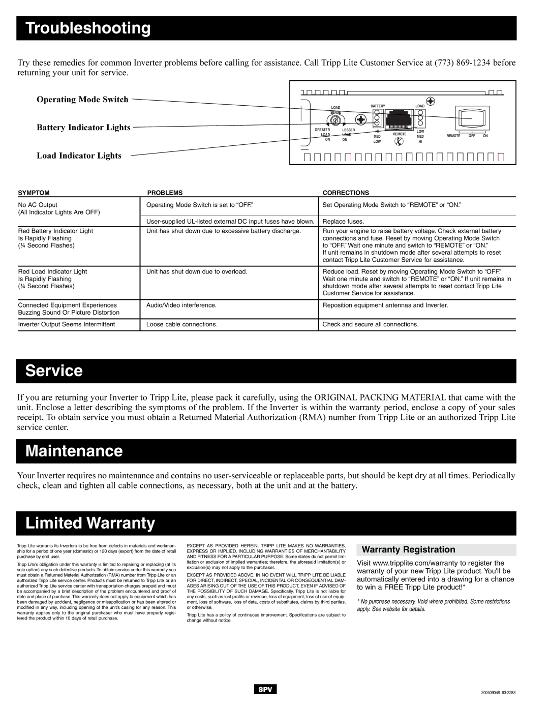 Tripp Lite PV1000HF, PV1800HF, PV3000HF Troubleshooting, Service, Maintenance, Limited Warranty, Warranty Registration 