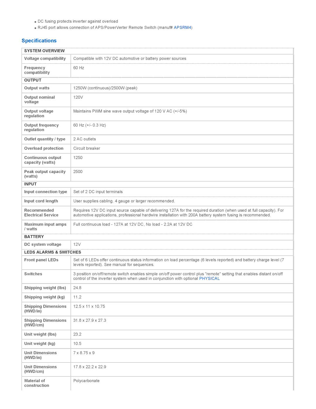 Tripp Lite PV1250FC instruction manual Specifications 