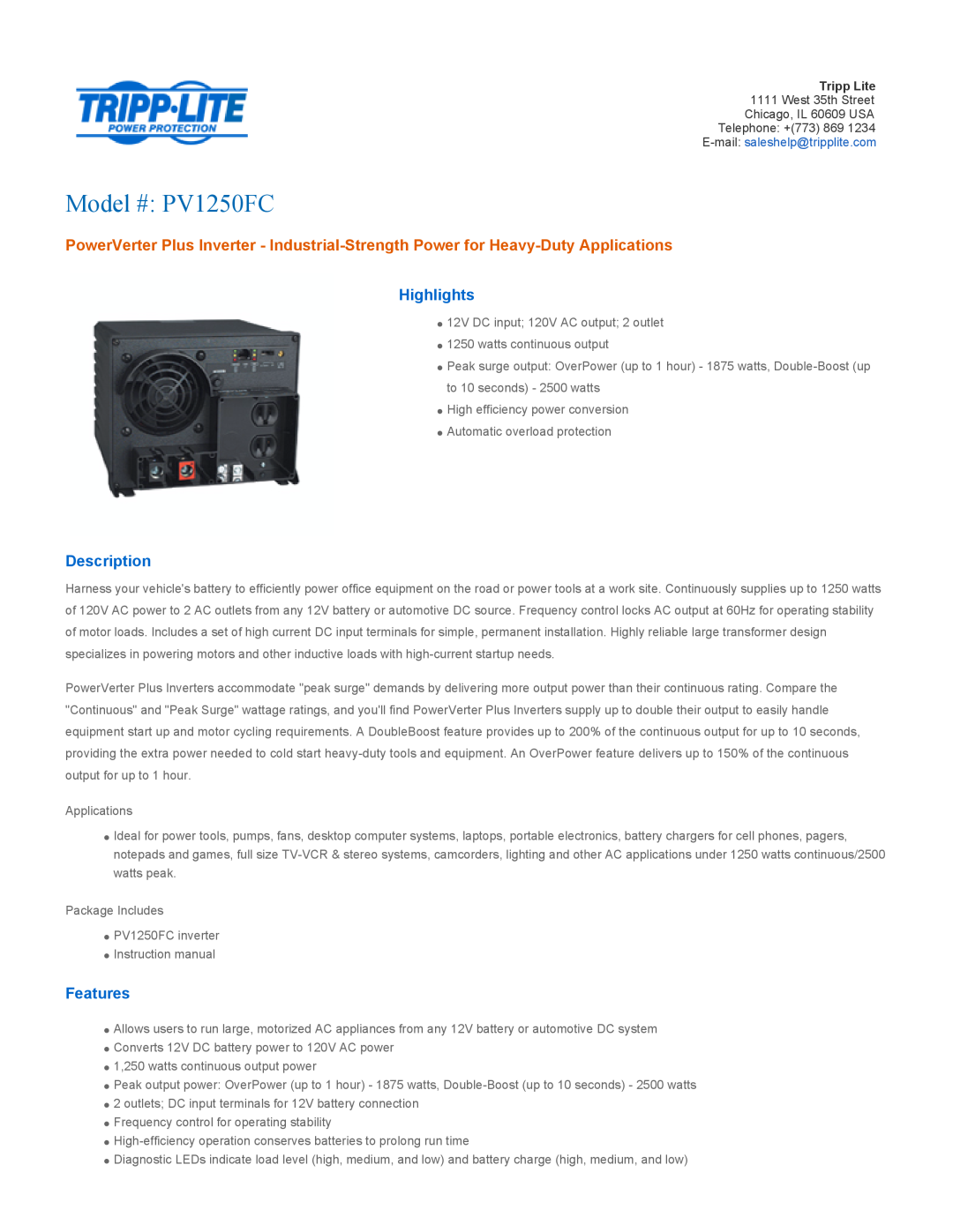 Tripp Lite instruction manual Highlights, Description, Features, Model # PV1250FC 