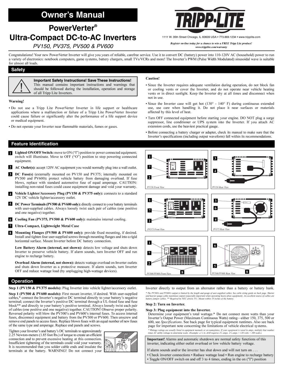 Tripp Lite PV150 owner manual Safety, Feature Identification, Operation 