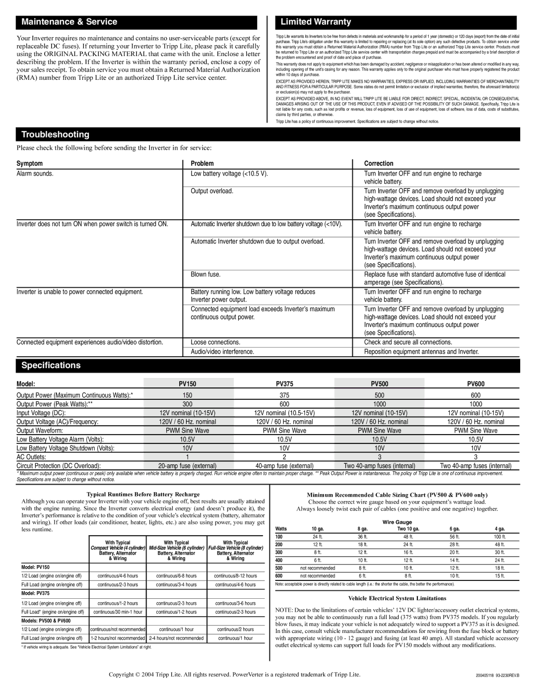 Tripp Lite PV150 owner manual Maintenance & Service, Limited Warranty, Troubleshooting, Specifications 