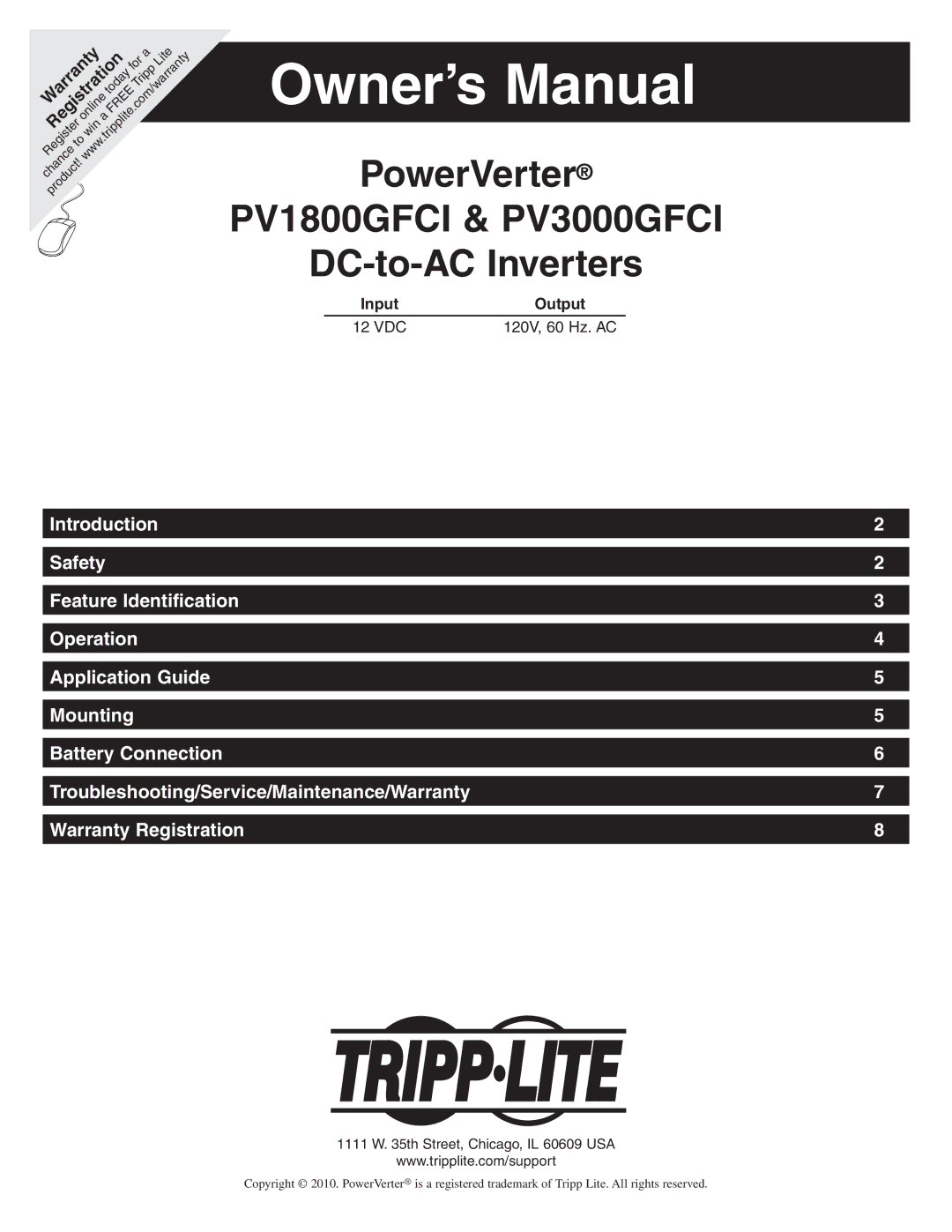 Tripp Lite owner manual PV1800GFCI & PV3000GFCI, Input Output 12 VDC 120V, 60 Hz. AC 