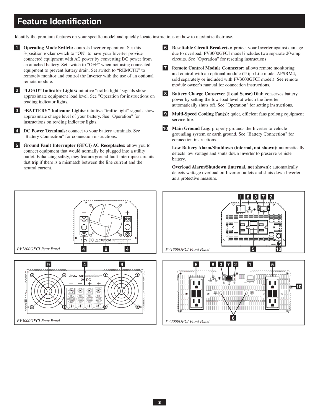 Tripp Lite PV3000GFCI, PV1800GFCI owner manual Feature Identification, 12V DC 