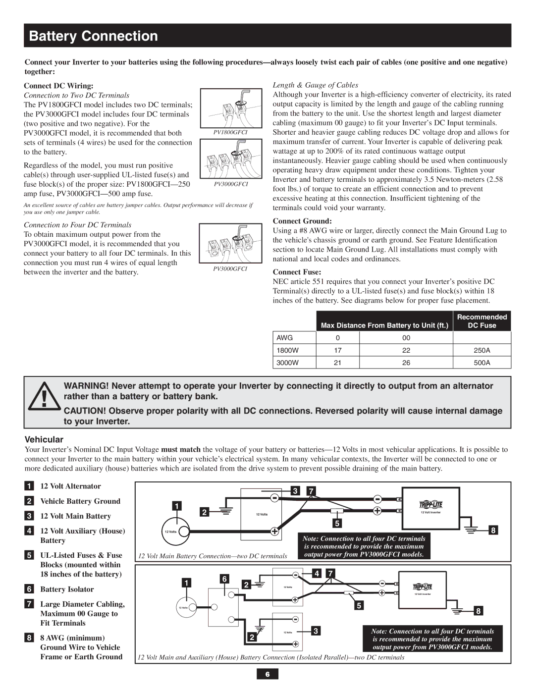 Tripp Lite PV1800GFCI, PV3000GFCI owner manual Battery Connection, Vehicular 