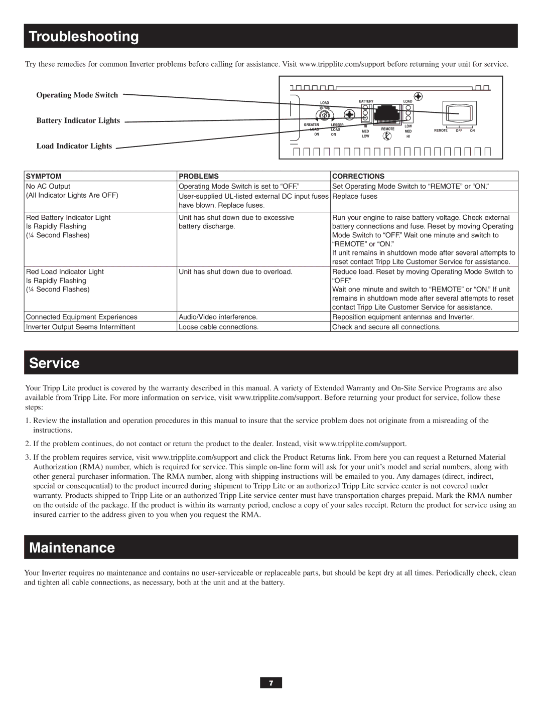 Tripp Lite PV3000GFCI, PV1800GFCI owner manual Troubleshooting, Service, Maintenance 