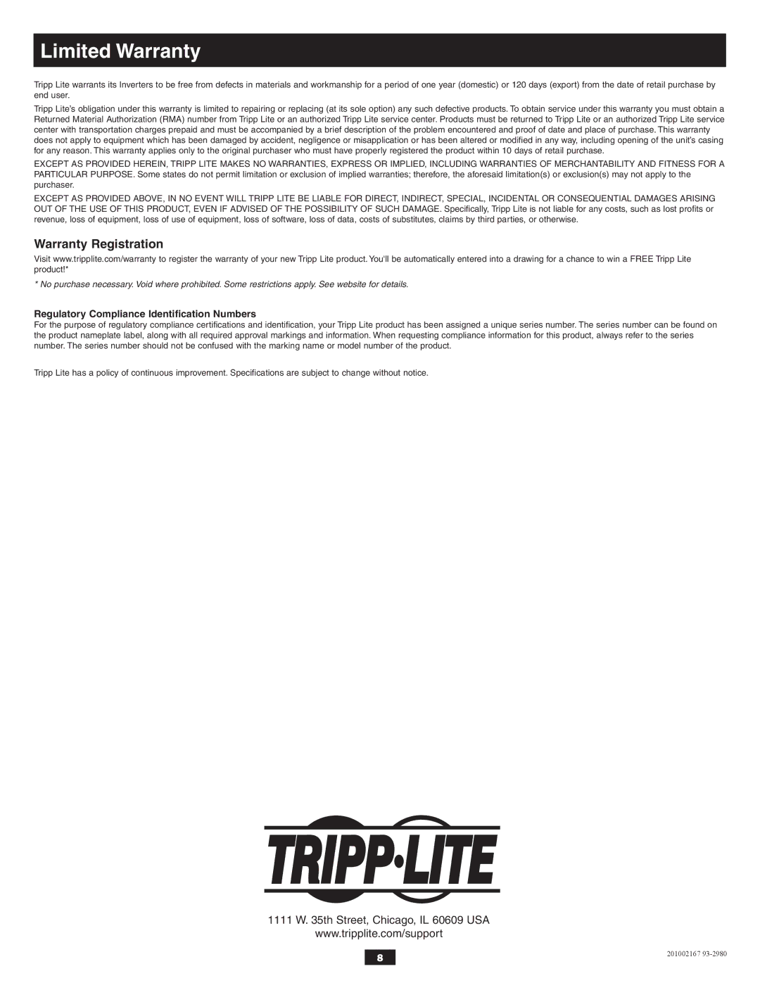 Tripp Lite PV1800GFCI, PV3000GFCI Limited Warranty, Warranty Registration, Regulatory Compliance Identification Numbers 