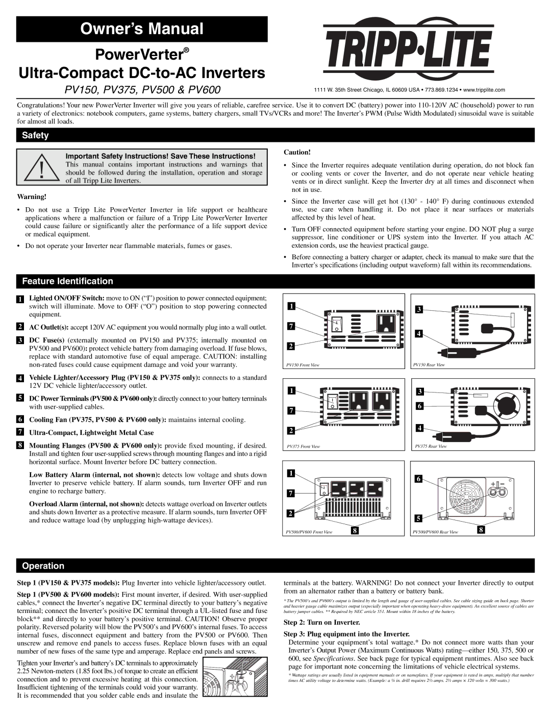 Tripp Lite PV500, PV600, PV375 owner manual Safety, Feature Identification, Operation 