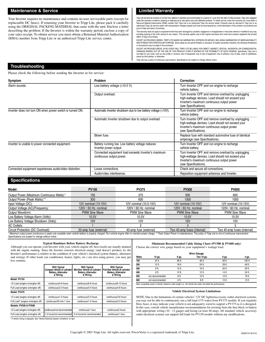 Tripp Lite PV375, PV600, PV500 owner manual Maintenance & Service, Limited Warranty, Troubleshooting, Specifications 