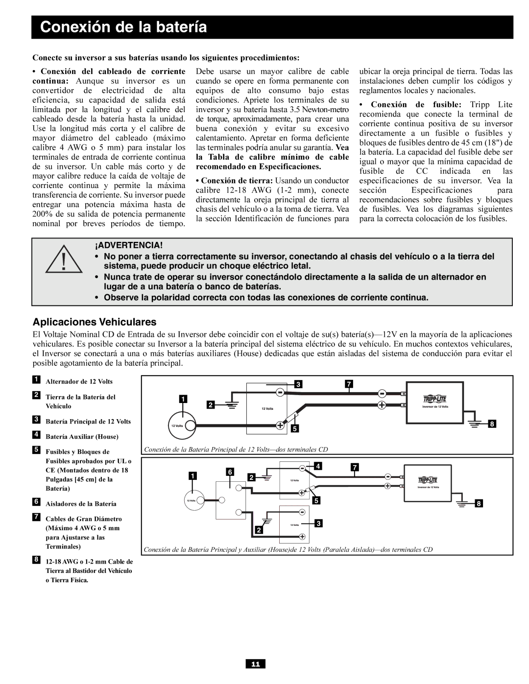 Tripp Lite PV700HF owner manual Conexión de la batería, Aplicaciones Vehiculares 