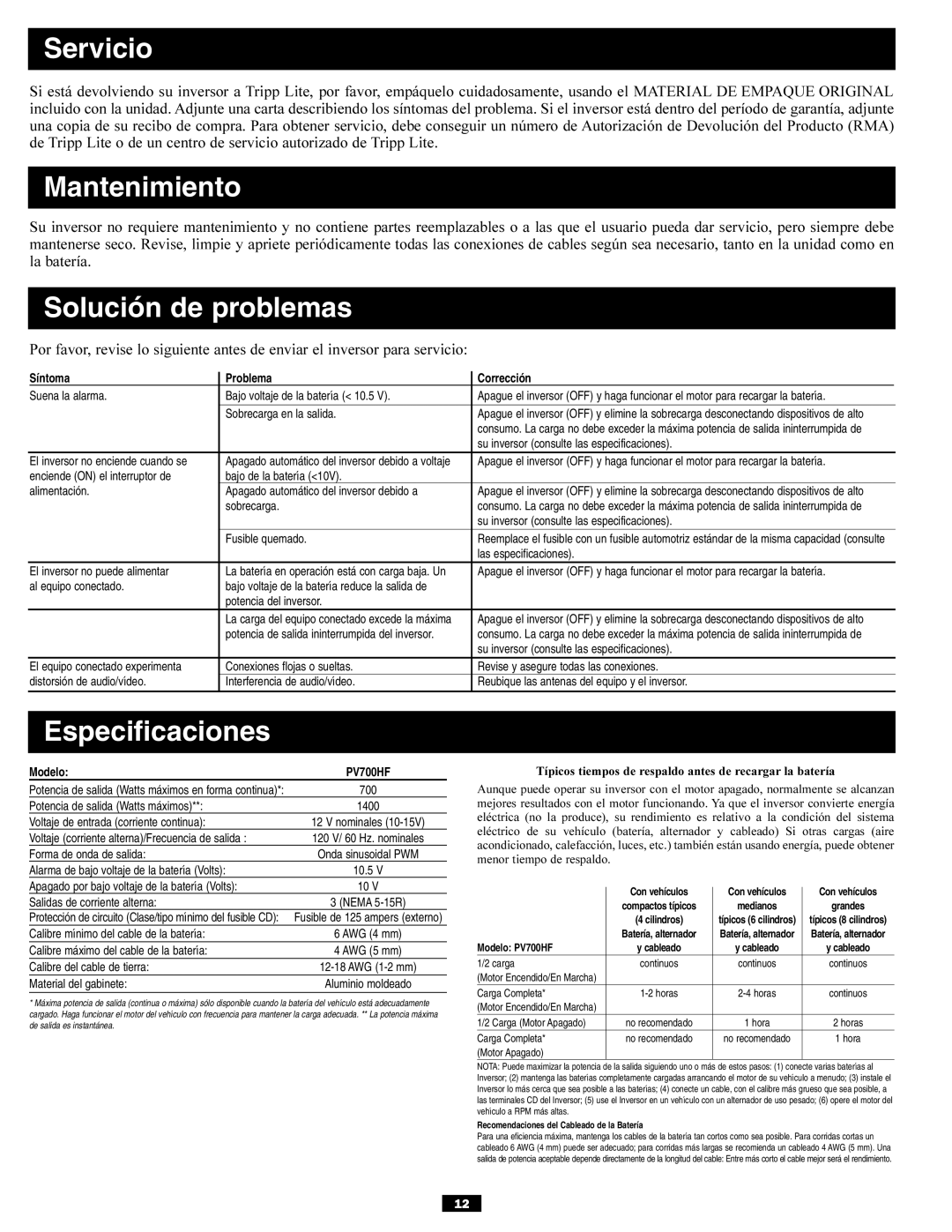 Tripp Lite PV700HF owner manual Servicio, Mantenimiento, Solución de problemas, Especificaciones 