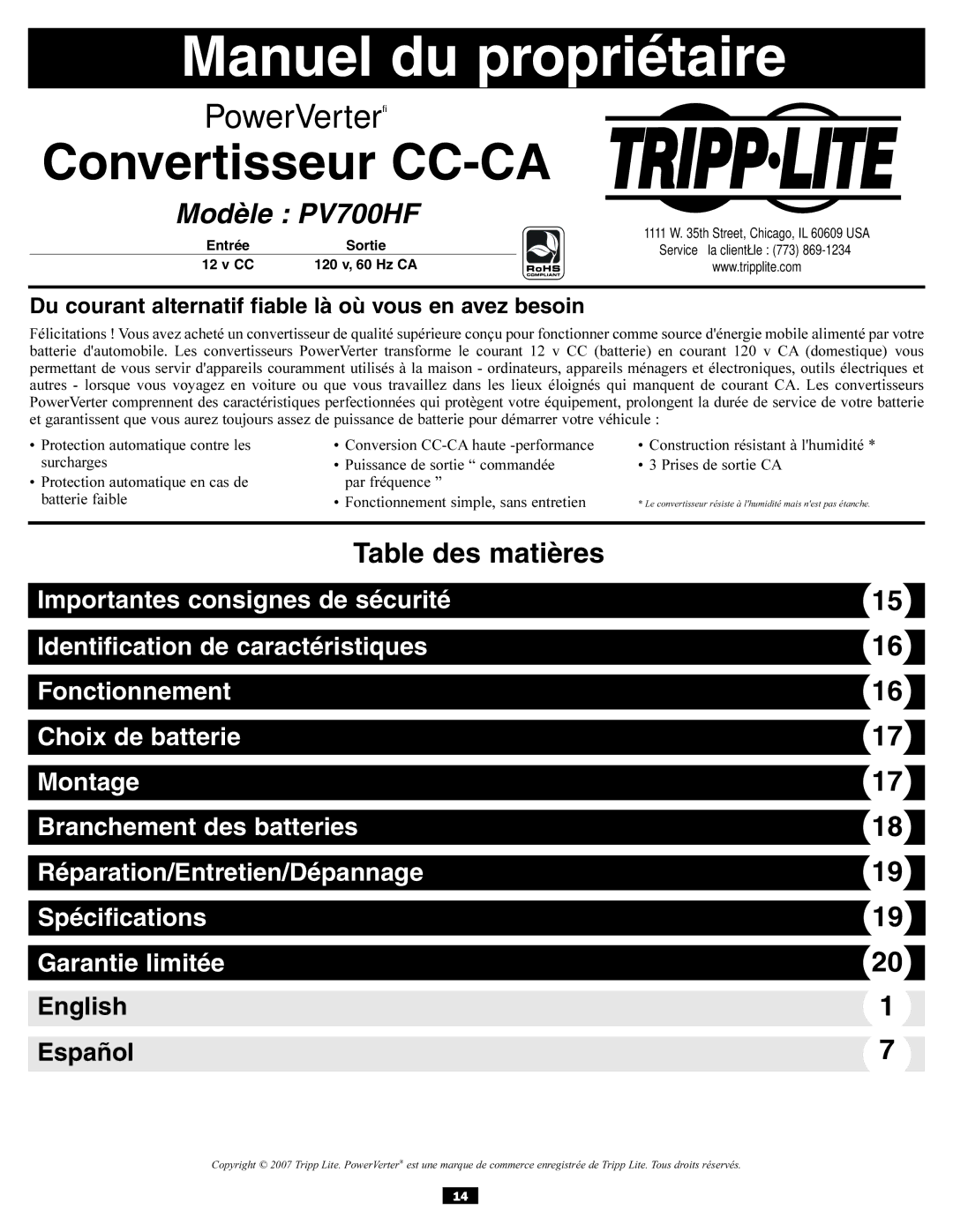 Tripp Lite PV700HF owner manual Manuel du propriétaire, Du courant alternatif fiable là où vous en avez besoin 