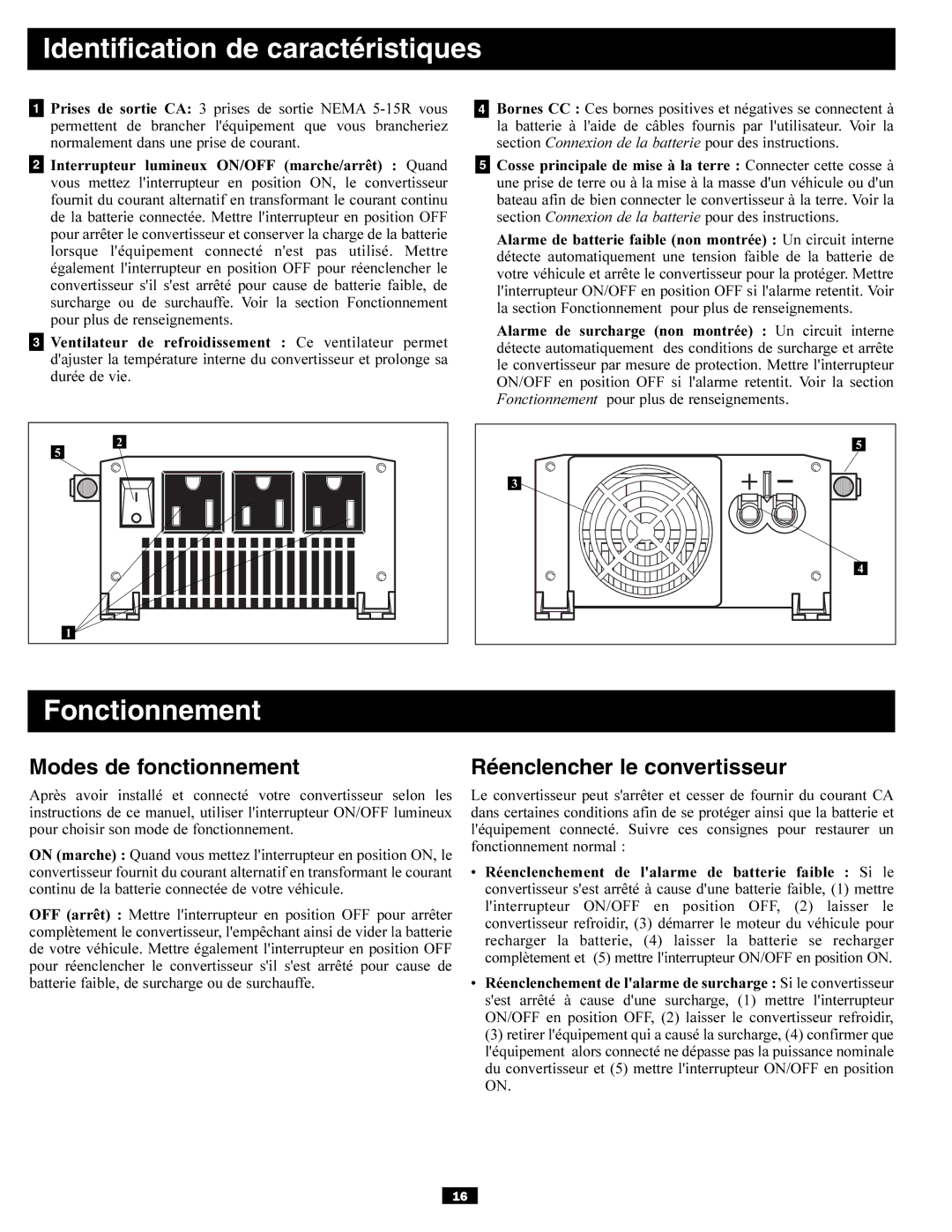 Tripp Lite PV700HF owner manual Identification de caractéristiques, Modes de fonctionnement, Réenclencher le convertisseur 