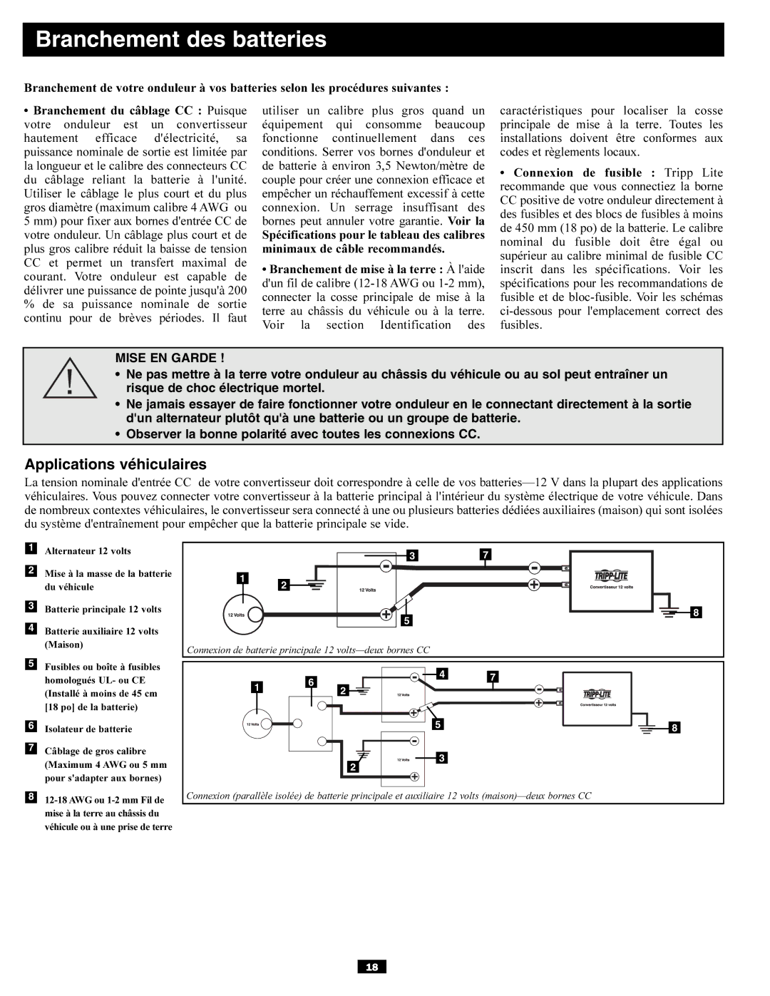 Tripp Lite PV700HF owner manual Branchement des batteries, Applications véhiculaires 