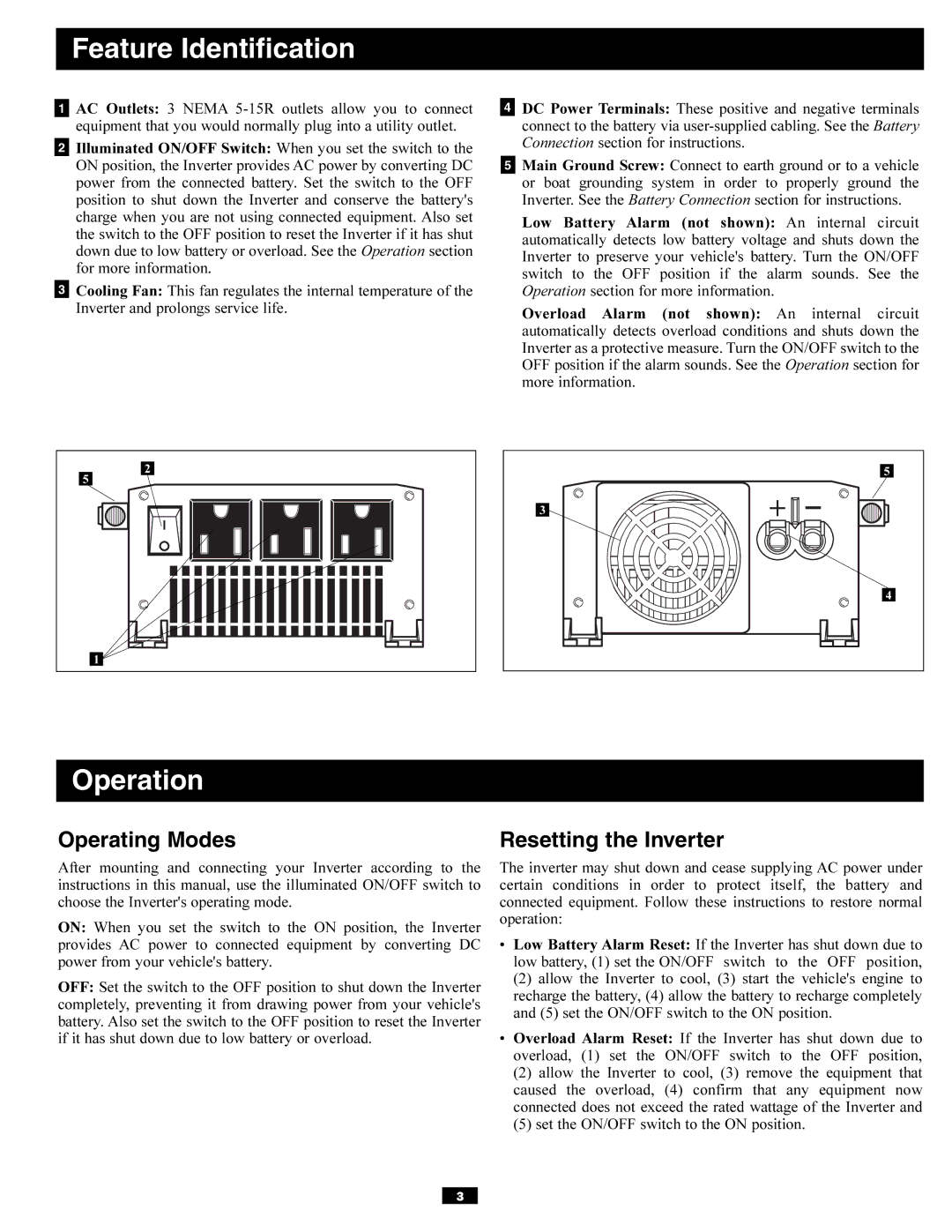 Tripp Lite PV700HF owner manual Feature Identification, Operation, Operating Modes, Resetting the Inverter 